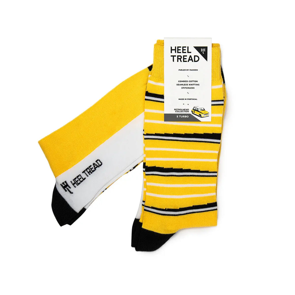 Paire de chaussettes jaunes Heel tread aux rayures noires et blanches de la R5 turbo