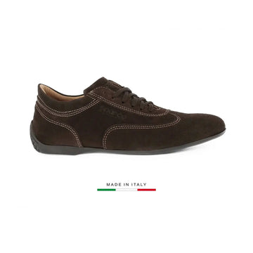 Chaussure Sparco Imola en cuir suédé marron avec surpiqures beiges, made in Italy, vue de profil droit